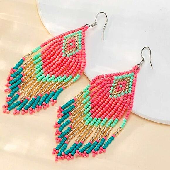 Handmade Beaded Boho Dangle Earrings Tribal Native Pink - Picture 2 of 4